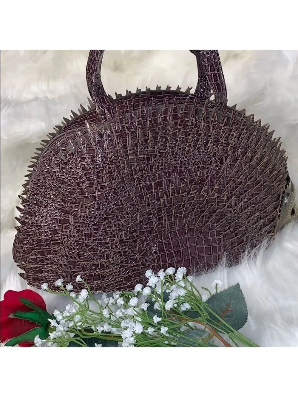 HEDGEHOG NOVELTY BAG PURPLE CROC EMBOSSED SATCHEL UNIQUE STATEMENT HANDBAG